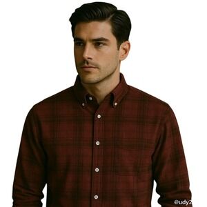 ROWM Flannel Shirt Button Down Plaid Burgundy Long‎ Sleeve Casual Maroon Men XL